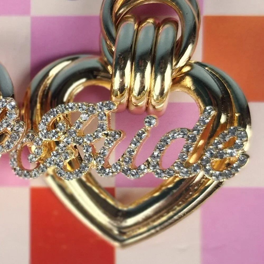 XO Fetti Gold metal heart earrings Rhinestone "Bride" - Picture 3 of 5